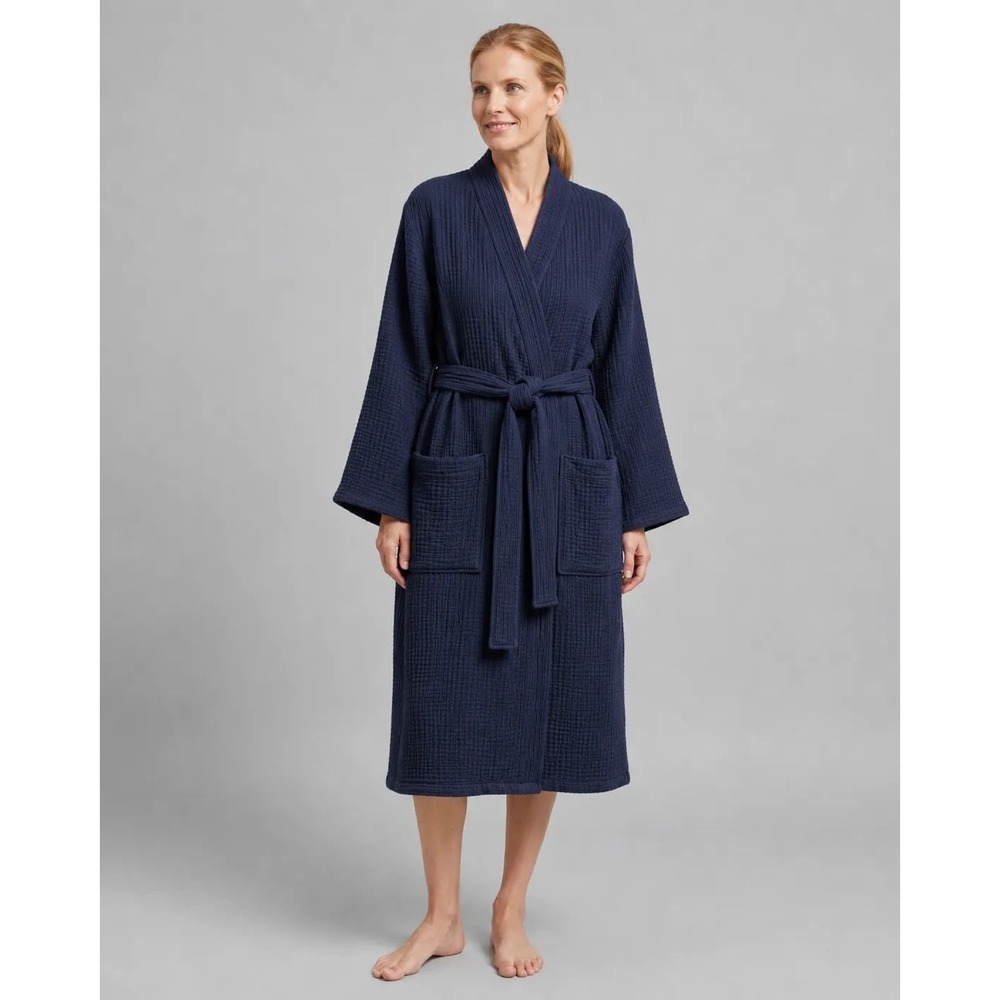 The Fleece Company Four-Seasons Bathrobe Navy Blue Muslin Cotton XL
